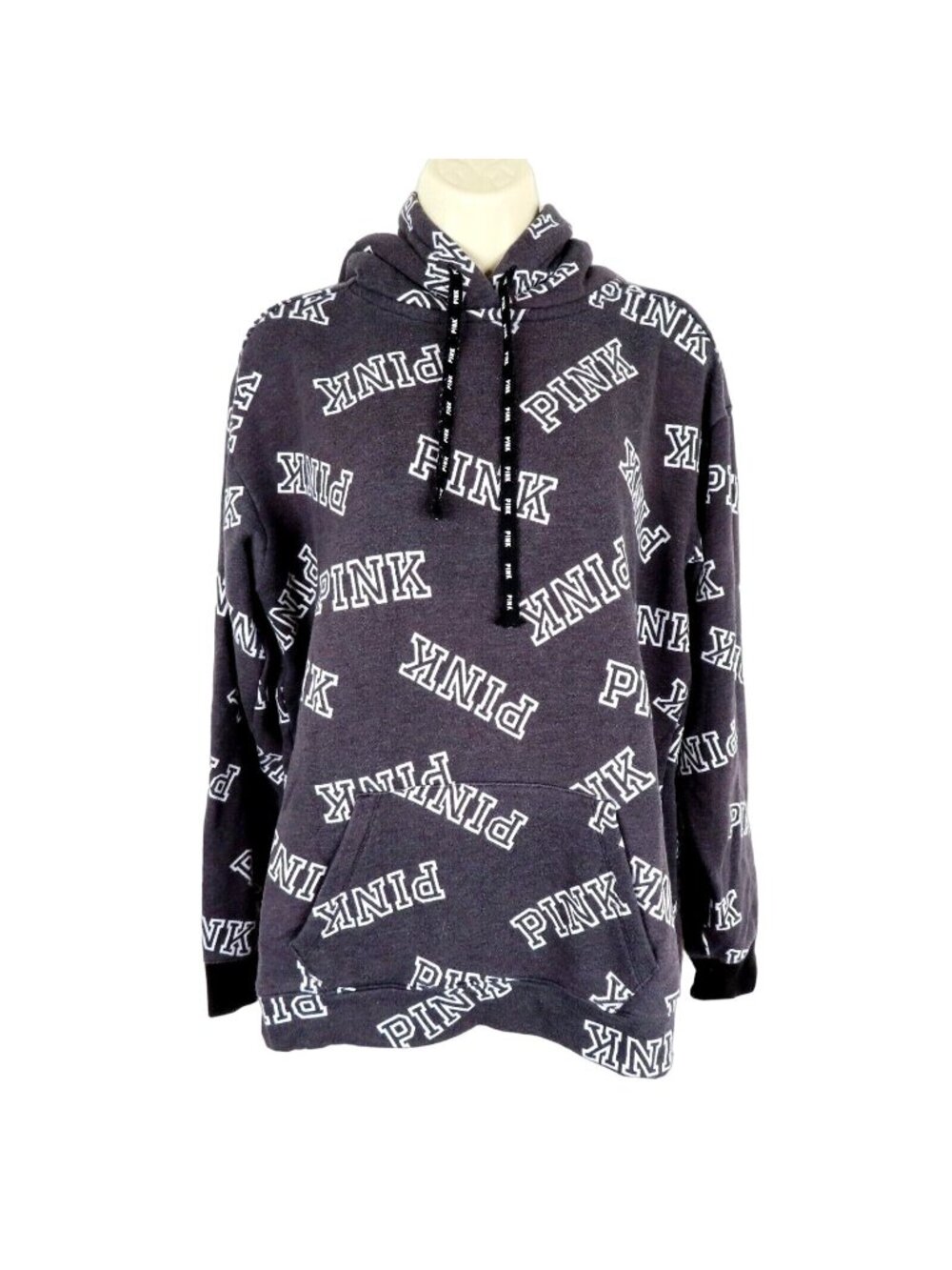 PINK Victorias Secret Womens Small Dark Gray Logo Pullover Hoodie Sherpa Hood